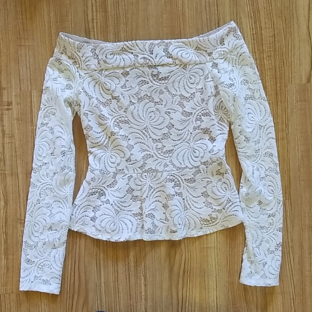 Long Sleeve Peplum White Lace Top
